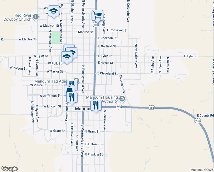 map of restaurants, bars, coffee shops, grocery stores, and more near 120 North Louisiana Avenue in Mangum
