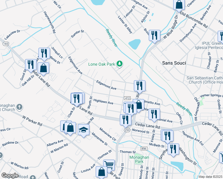 map of restaurants, bars, coffee shops, grocery stores, and more near 412 Edgemont Avenue in Greenville