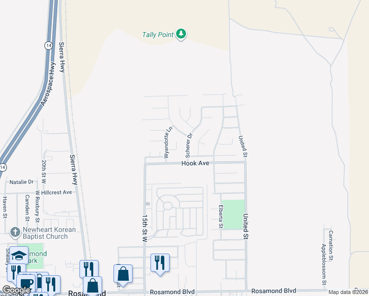 map of restaurants, bars, coffee shops, grocery stores, and more near 3649 Scherer Drive in Rosamond