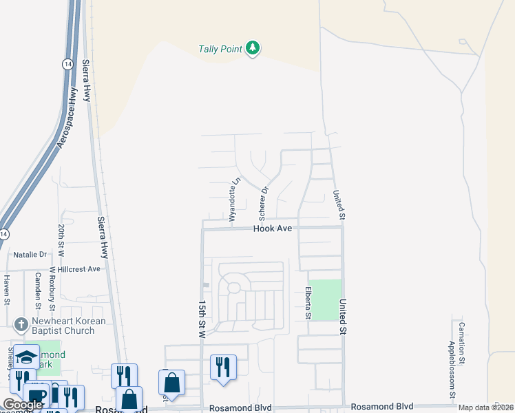 map of restaurants, bars, coffee shops, grocery stores, and more near 3649 Scherer Drive in Rosamond