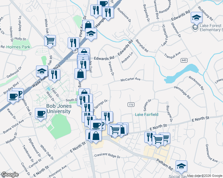 map of restaurants, bars, coffee shops, grocery stores, and more near 1 Ferncreek Lane in Greenville