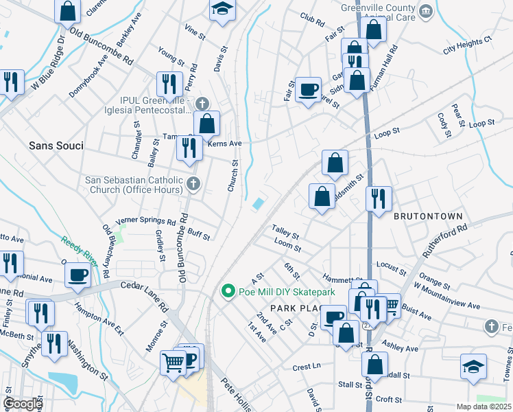 map of restaurants, bars, coffee shops, grocery stores, and more near 200-298 Victor Street in Greenville
