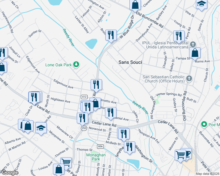 map of restaurants, bars, coffee shops, grocery stores, and more near 201 Old Bleachery Road in Greenville