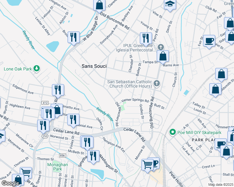 map of restaurants, bars, coffee shops, grocery stores, and more near 14 Nuggett Street in Greenville