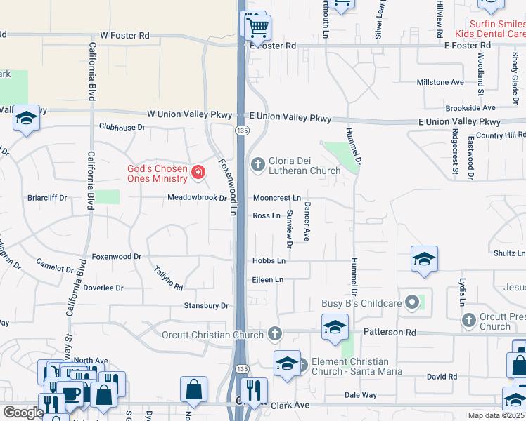 map of restaurants, bars, coffee shops, grocery stores, and more near 171 Ross Lane in Santa Maria