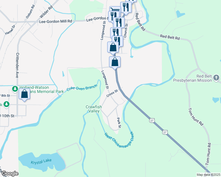 map of restaurants, bars, coffee shops, grocery stores, and more near 317 Longwood Street in Chickamauga