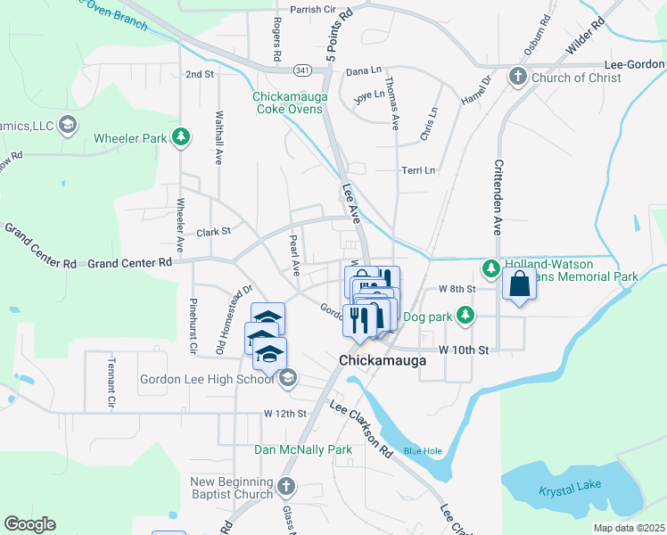 map of restaurants, bars, coffee shops, grocery stores, and more near 206 Wilder Avenue in Chickamauga