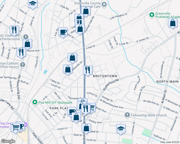map of restaurants, bars, coffee shops, grocery stores, and more near 24 Earnhardt Street in Greenville