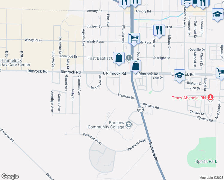map of restaurants, bars, coffee shops, grocery stores, and more near 467 Stanford Drive in Barstow