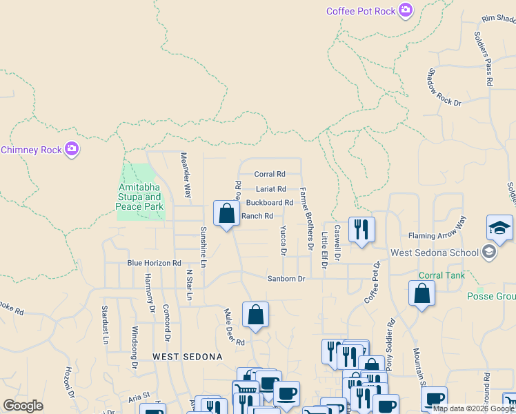 map of restaurants, bars, coffee shops, grocery stores, and more near 2315 Buckboard Rd in Sedona