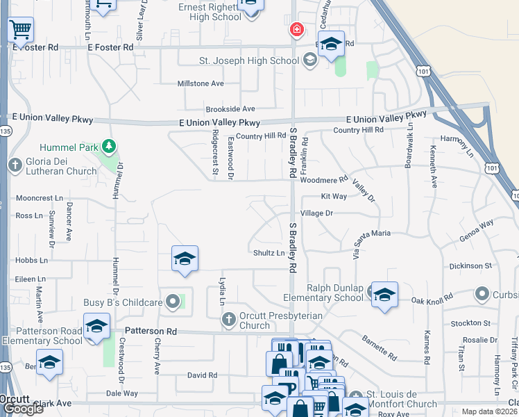 map of restaurants, bars, coffee shops, grocery stores, and more near 1060 Village Drive in Orcutt