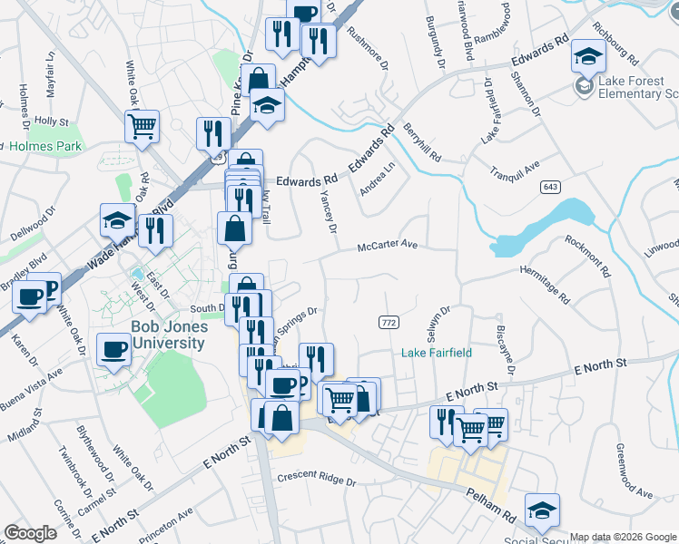 map of restaurants, bars, coffee shops, grocery stores, and more near 1 Ferncreek Lane in Greenville