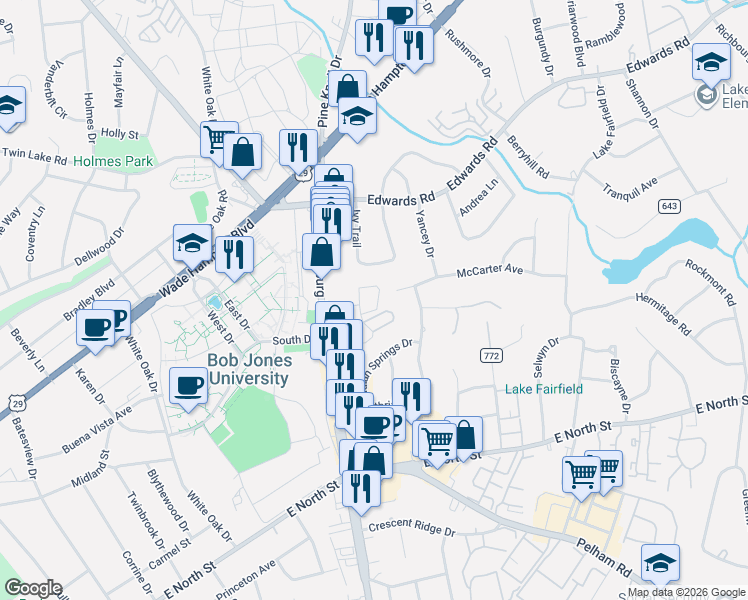 map of restaurants, bars, coffee shops, grocery stores, and more near 1310 North Pleasantburg Drive in Greenville