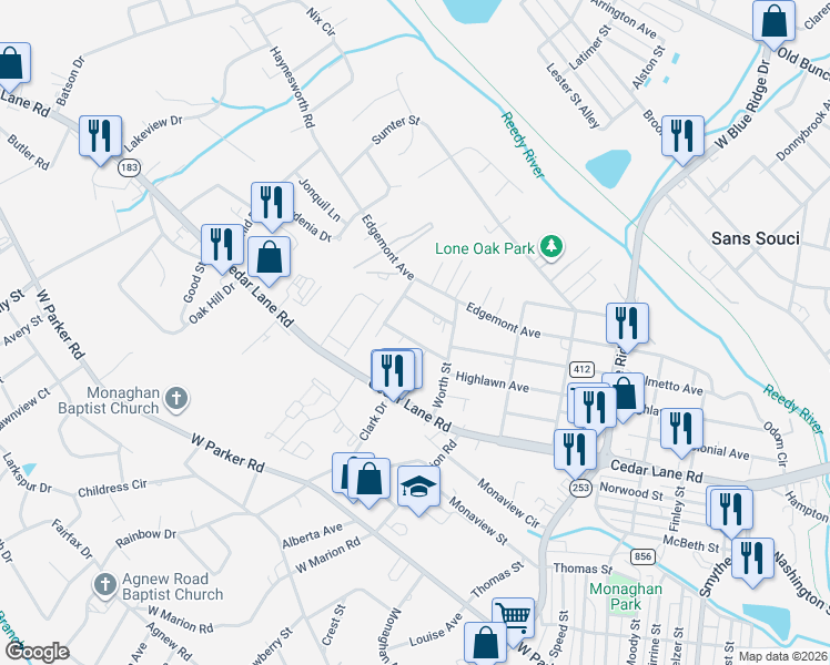map of restaurants, bars, coffee shops, grocery stores, and more near 12 Savannah Street in Greenville