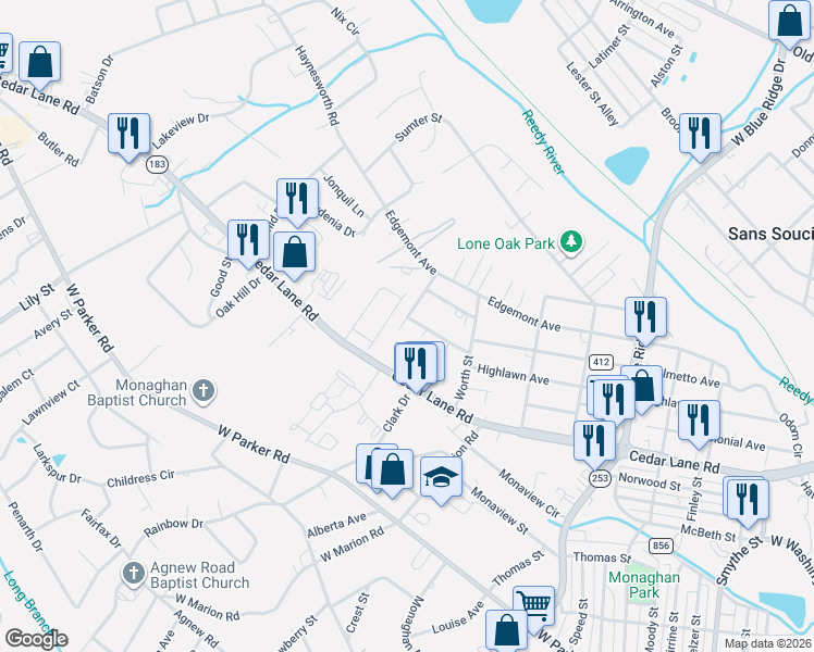 map of restaurants, bars, coffee shops, grocery stores, and more near 23 Savannah Street in Greenville
