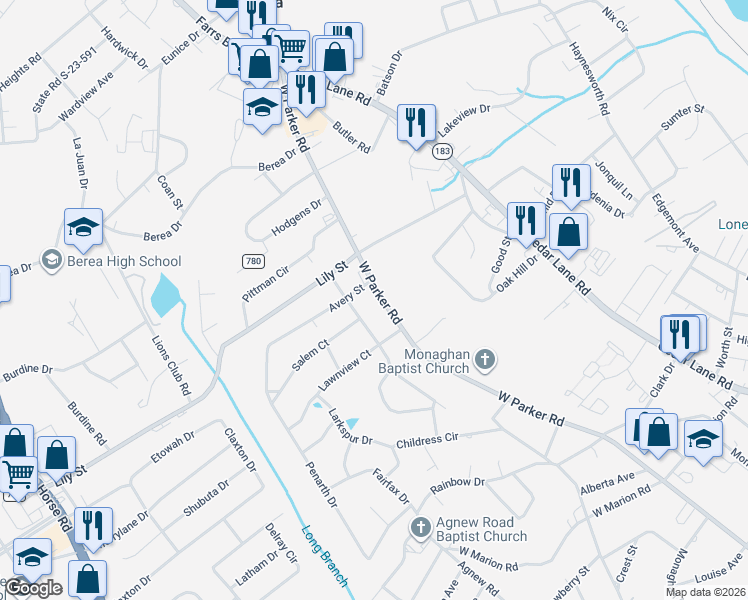 map of restaurants, bars, coffee shops, grocery stores, and more near 1710 West Parker Road in Greenville