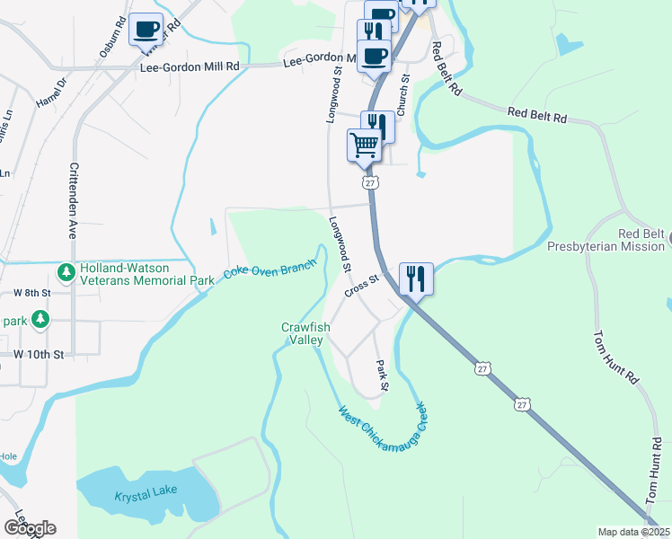 map of restaurants, bars, coffee shops, grocery stores, and more near 317 Longwood Street in Chickamauga
