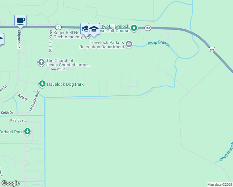 map of restaurants, bars, coffee shops, grocery stores, and more near 1202 Wormwood Branch Courtt in Havelock