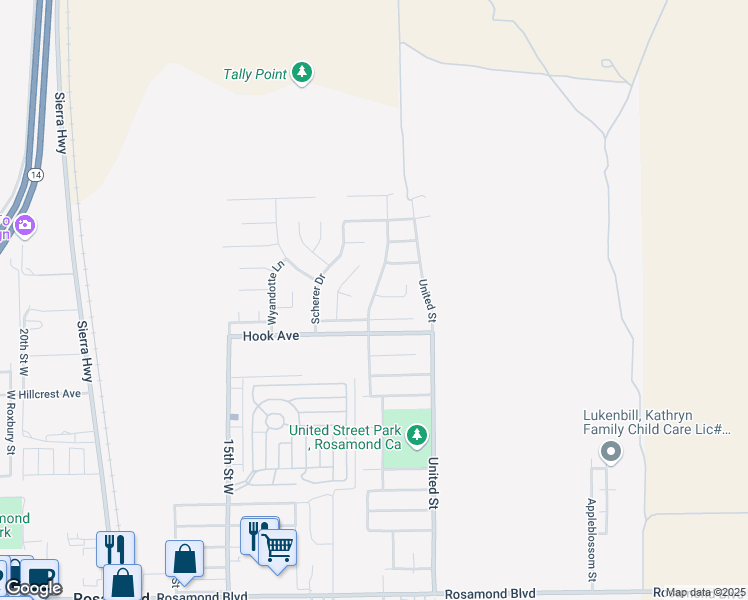 map of restaurants, bars, coffee shops, grocery stores, and more near 3657 Fernwood Street in Rosamond