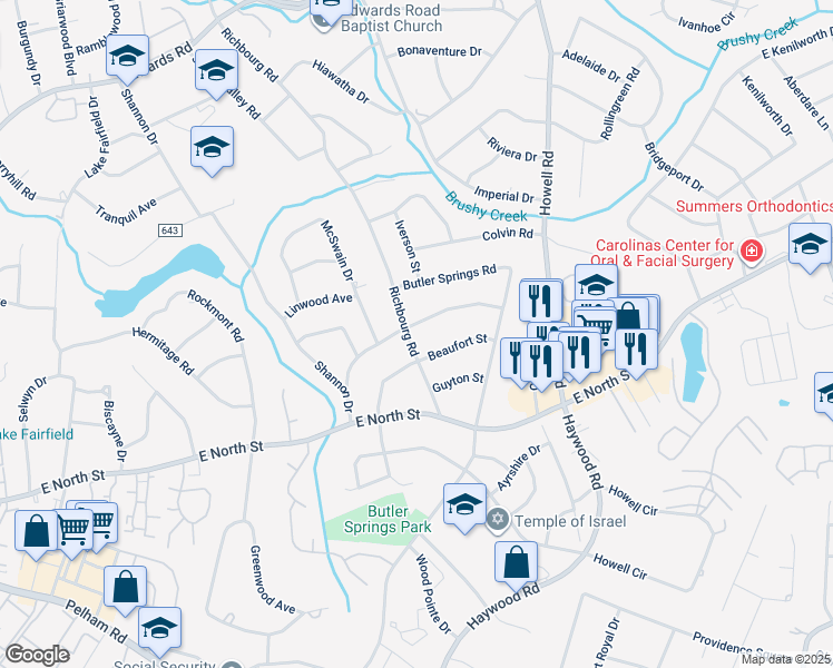 map of restaurants, bars, coffee shops, grocery stores, and more near 300 Mimosa Drive in Greenville