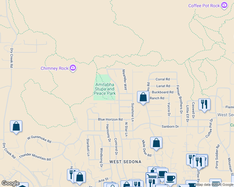 map of restaurants, bars, coffee shops, grocery stores, and more near 835 Andante Drive in Sedona