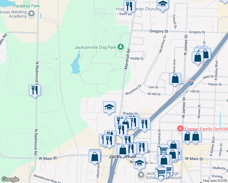 map of restaurants, bars, coffee shops, grocery stores, and more near 1712 Hill Road in Jacksonville