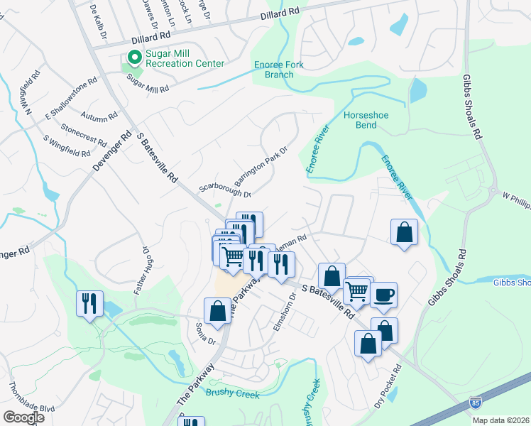 map of restaurants, bars, coffee shops, grocery stores, and more near 206 Landing Ferry Way in Greer