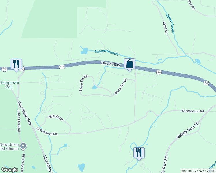 map of restaurants, bars, coffee shops, grocery stores, and more near 195 Sharp Top Circle in Blairsville