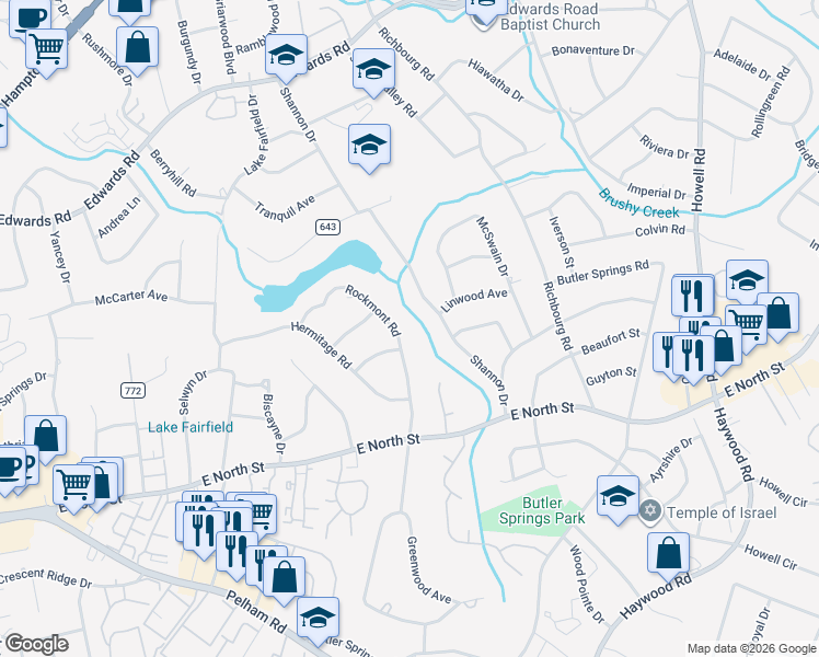 map of restaurants, bars, coffee shops, grocery stores, and more near 107 Rockmont Road in Greenville
