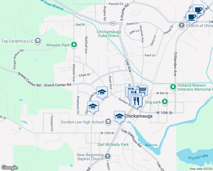map of restaurants, bars, coffee shops, grocery stores, and more near 409 Gordon Street in Chickamauga