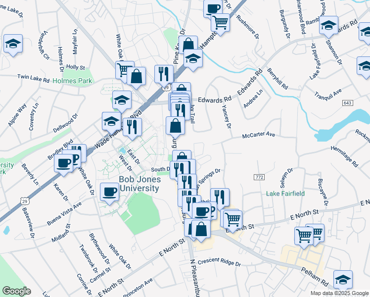 map of restaurants, bars, coffee shops, grocery stores, and more near 1310 North Pleasantburg Drive in Greenville