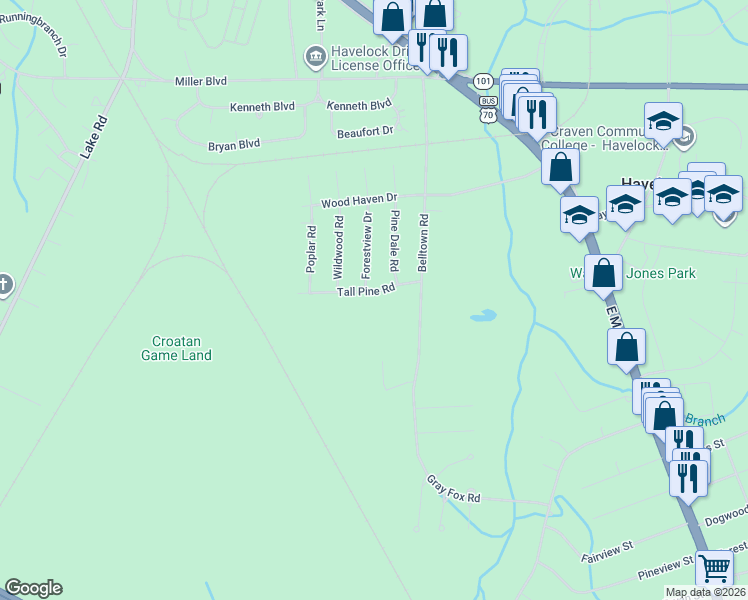 map of restaurants, bars, coffee shops, grocery stores, and more near 315 Tall Pine Road in Havelock