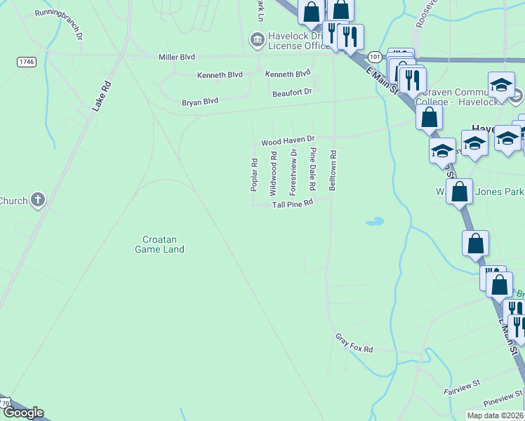 map of restaurants, bars, coffee shops, grocery stores, and more near 327 Tall Pine Road in Havelock