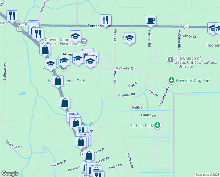 map of restaurants, bars, coffee shops, grocery stores, and more near 228 Cedar Ridge Lane in Havelock
