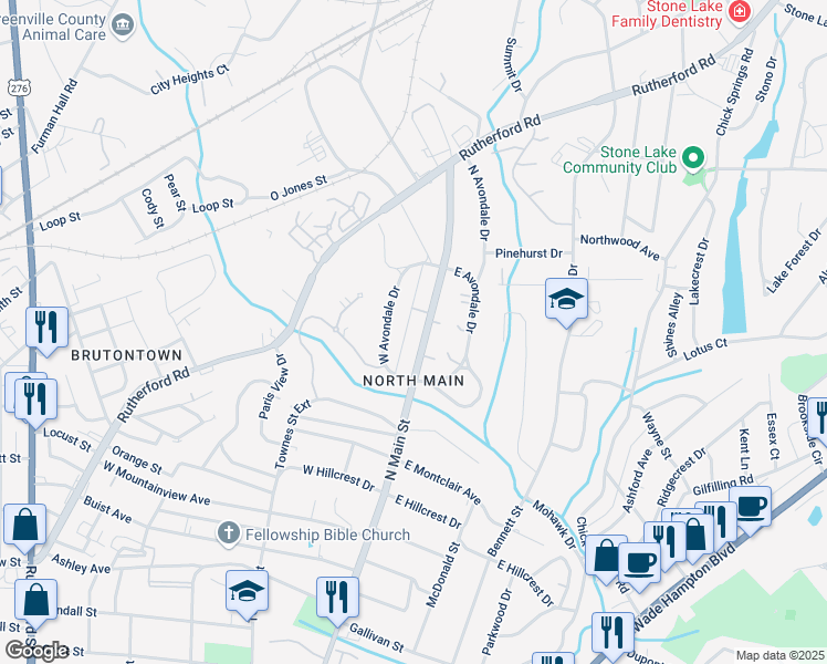 map of restaurants, bars, coffee shops, grocery stores, and more near 1724 North Main Street in Greenville
