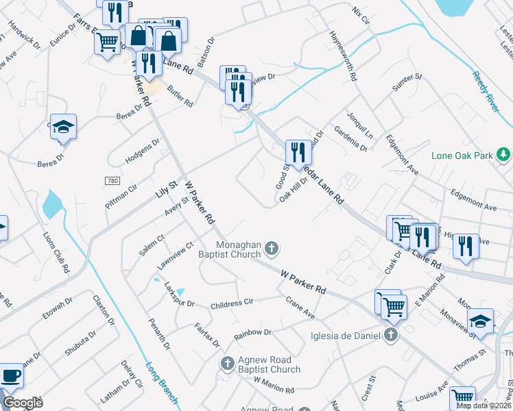 map of restaurants, bars, coffee shops, grocery stores, and more near 113 Oak Hill Drive in Greenville