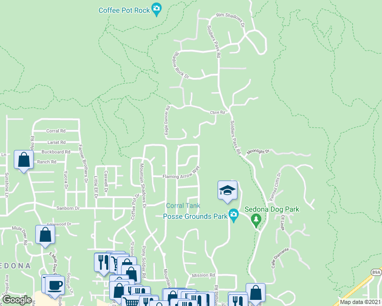 map of restaurants, bars, coffee shops, grocery stores, and more near 100 Shotgun Drive in Sedona