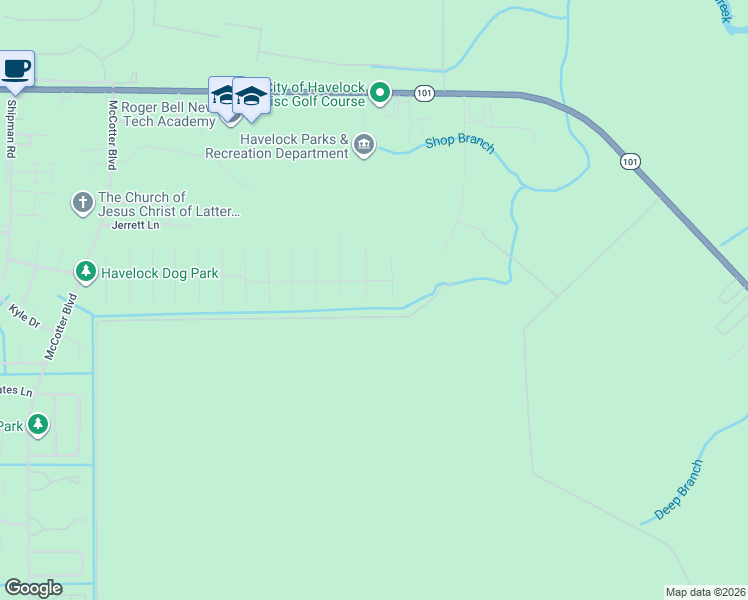 map of restaurants, bars, coffee shops, grocery stores, and more near 1404 Scotch Pine Court in Havelock