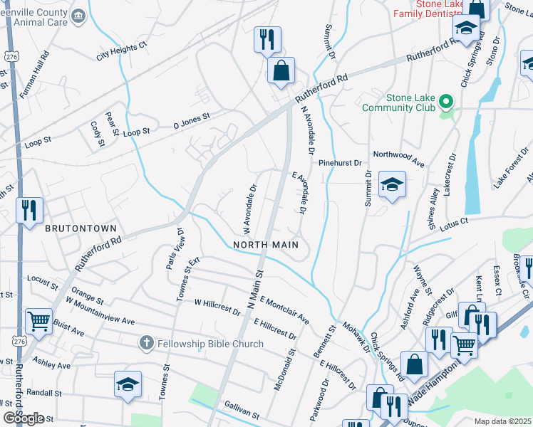 map of restaurants, bars, coffee shops, grocery stores, and more near 1724 North Main Street in Greenville