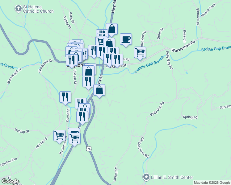 map of restaurants, bars, coffee shops, grocery stores, and more near 333 Duggan Hill Drive in Clayton