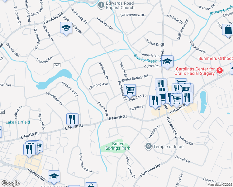map of restaurants, bars, coffee shops, grocery stores, and more near 201 Mimosa Drive in Greenville