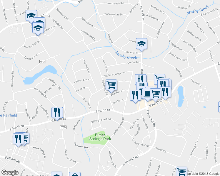 map of restaurants, bars, coffee shops, grocery stores, and more near 302 Mimosa Drive in Greenville