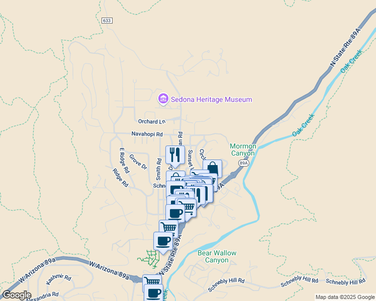 map of restaurants, bars, coffee shops, grocery stores, and more near 555 Sunset Lane in Sedona