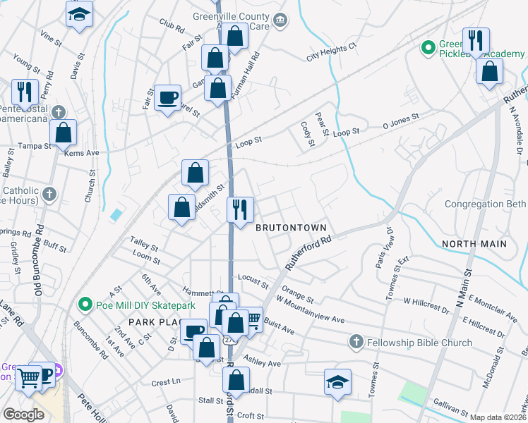 map of restaurants, bars, coffee shops, grocery stores, and more near 302 Old Paris Mountain Road in Greenville