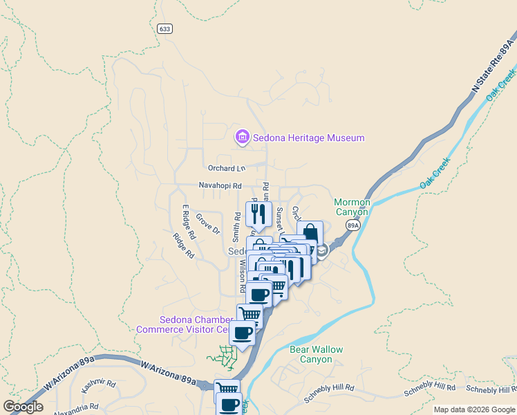map of restaurants, bars, coffee shops, grocery stores, and more near 360 Capital Butte Road in Sedona