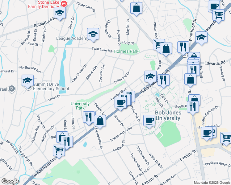 map of restaurants, bars, coffee shops, grocery stores, and more near 139 Bradley Boulevard in Greenville