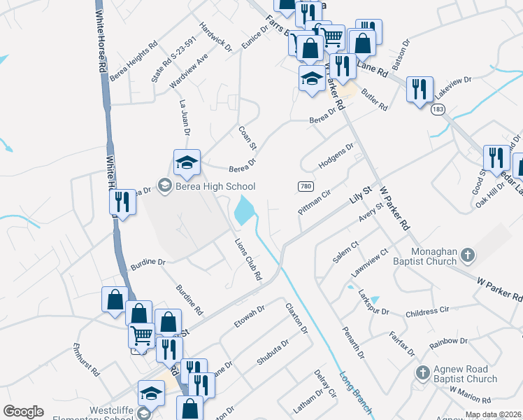 map of restaurants, bars, coffee shops, grocery stores, and more near 107 Lora Lane in Greenville