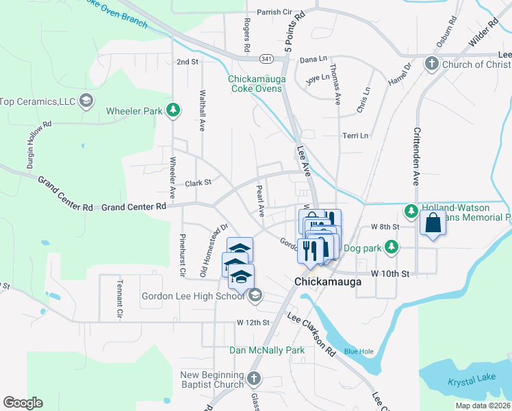 map of restaurants, bars, coffee shops, grocery stores, and more near 409 Gordon Street in Chickamauga