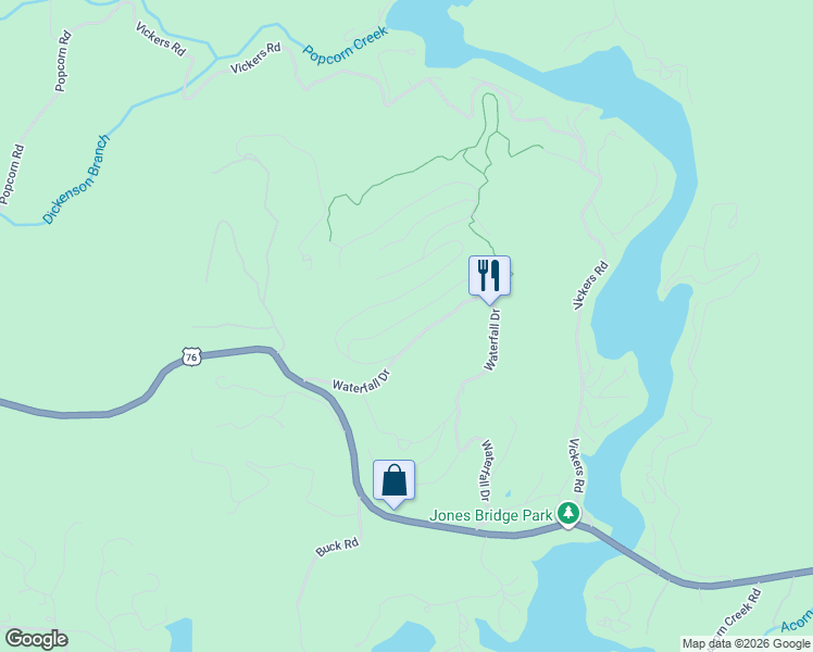 map of restaurants, bars, coffee shops, grocery stores, and more near Waterfall Drive in Clayton