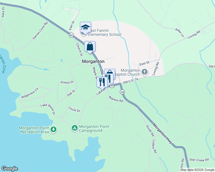 map of restaurants, bars, coffee shops, grocery stores, and more near 26 Bypass Road in Morganton